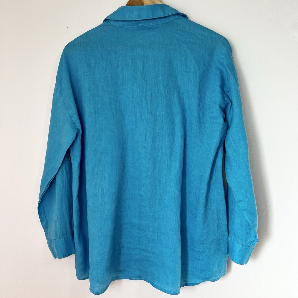 Magaschoni Turquoise Blue Button Up Shirt 100% Linen Boxy Women’s XS - Picture 4 of 9
